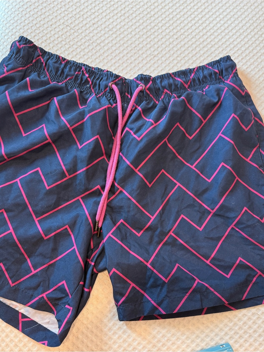 Men’s IKE Navy Swim Shorts with Hot Pink Geometric Print